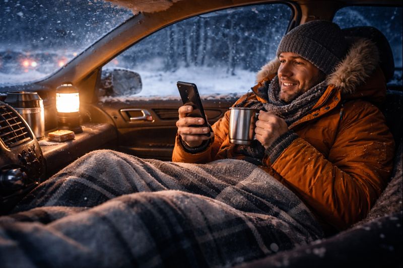 Główna ilustracja artykułu: Ekstrenna nocleg w samochodzie zimą